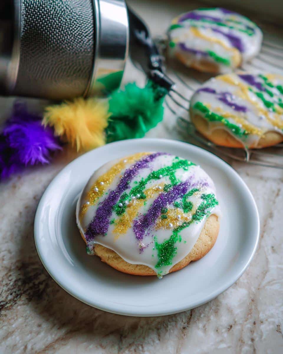 A close-up of a King Cake Inspired Cookie topped with white icing and purple, green, and gold sprinkles on a small white plate.