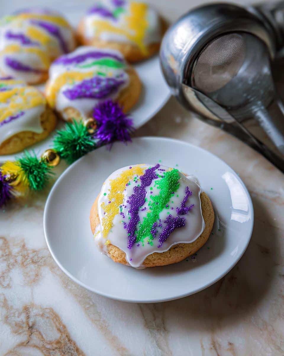 A close-up of a King Cake Inspired Cookie topped with white icing and purple, green, and yellow sprinkles.