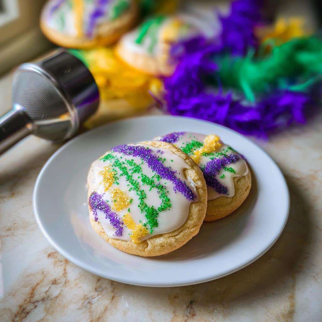 Two King Cake Inspired Cookies topped with white icing and purple, green, and gold sprinkles on a white plate.