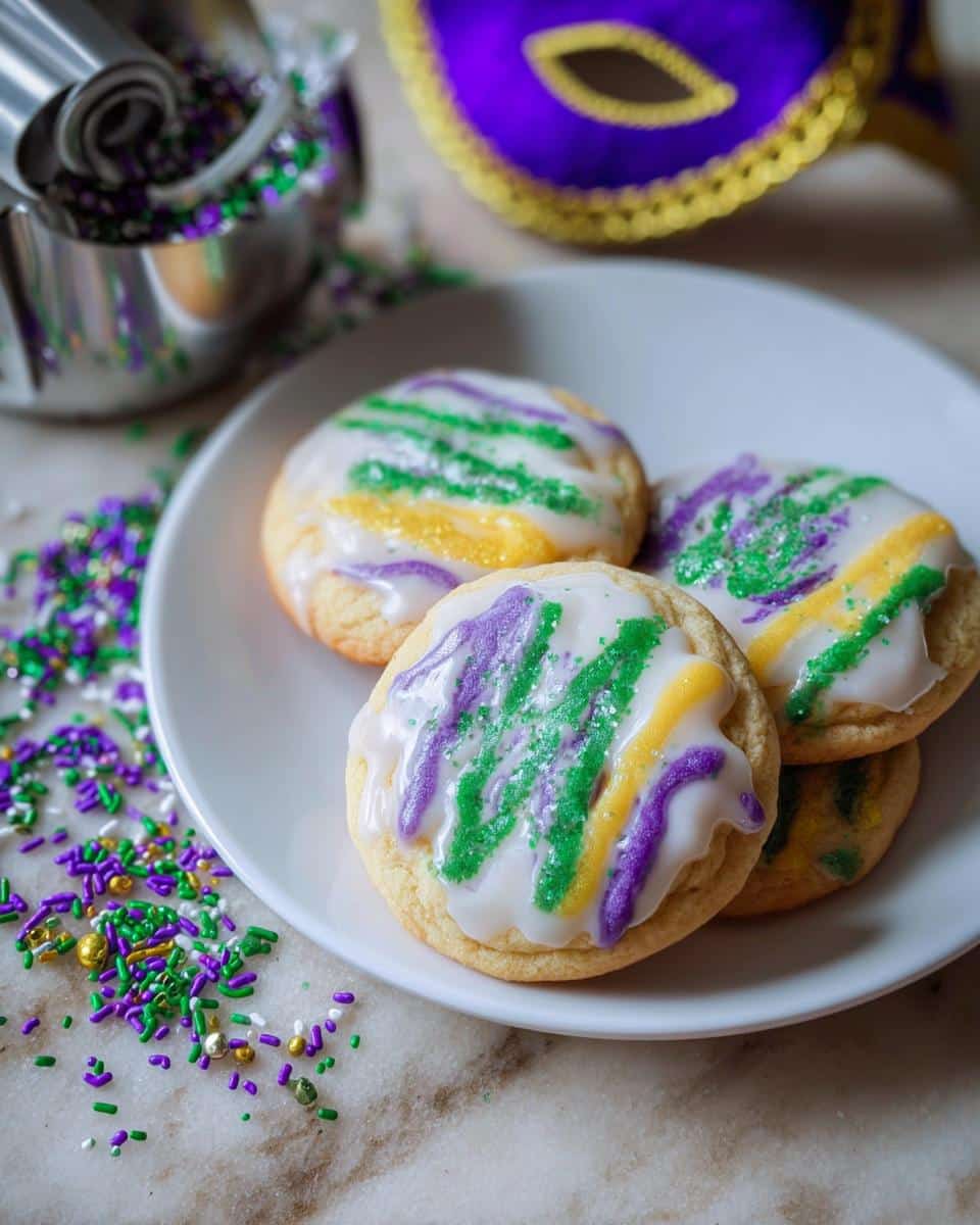 Four King Cake Inspired Cookies with white icing and purple, green, and gold Mardi Gras sprinkles on a white plate.