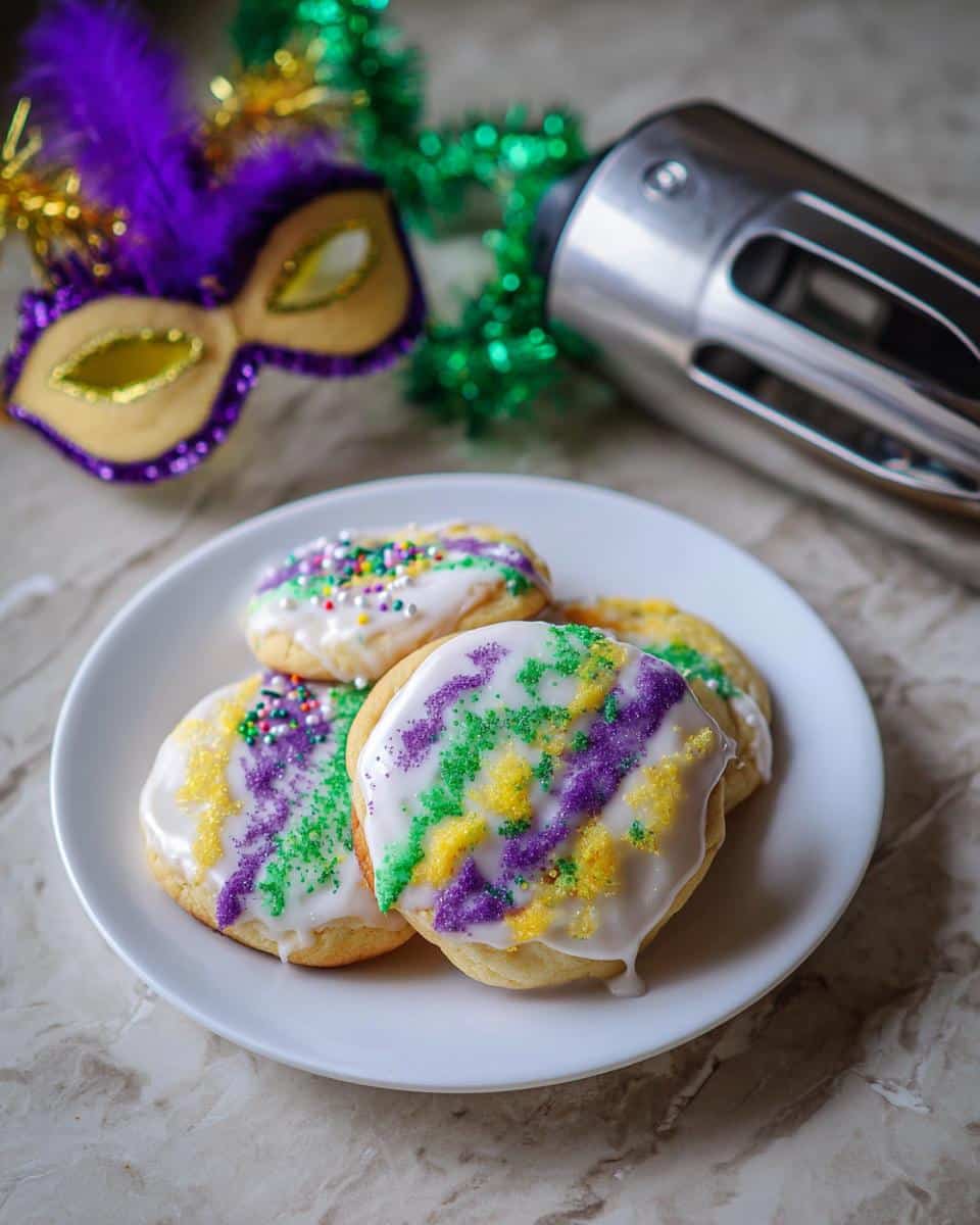 Four King Cake Inspired Cookies with white icing and purple, green, and gold sprinkles on a white plate.