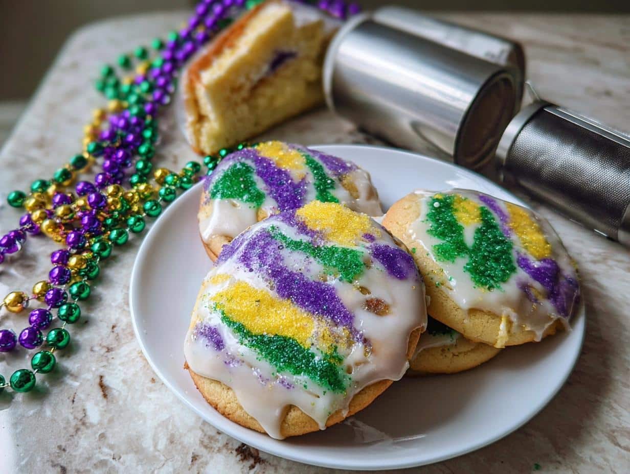 Three King Cake Inspired Cookies topped with white icing and purple, green, and gold sanding sugar.