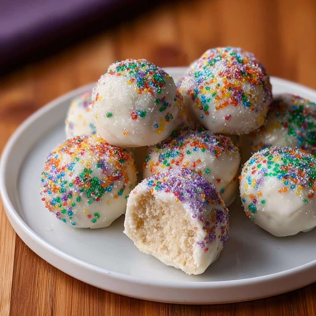 A pile of white chocolate coated King Cake Truffles topped with colorful Mardi Gras sprinkles, one is bitten to show the cake center.
