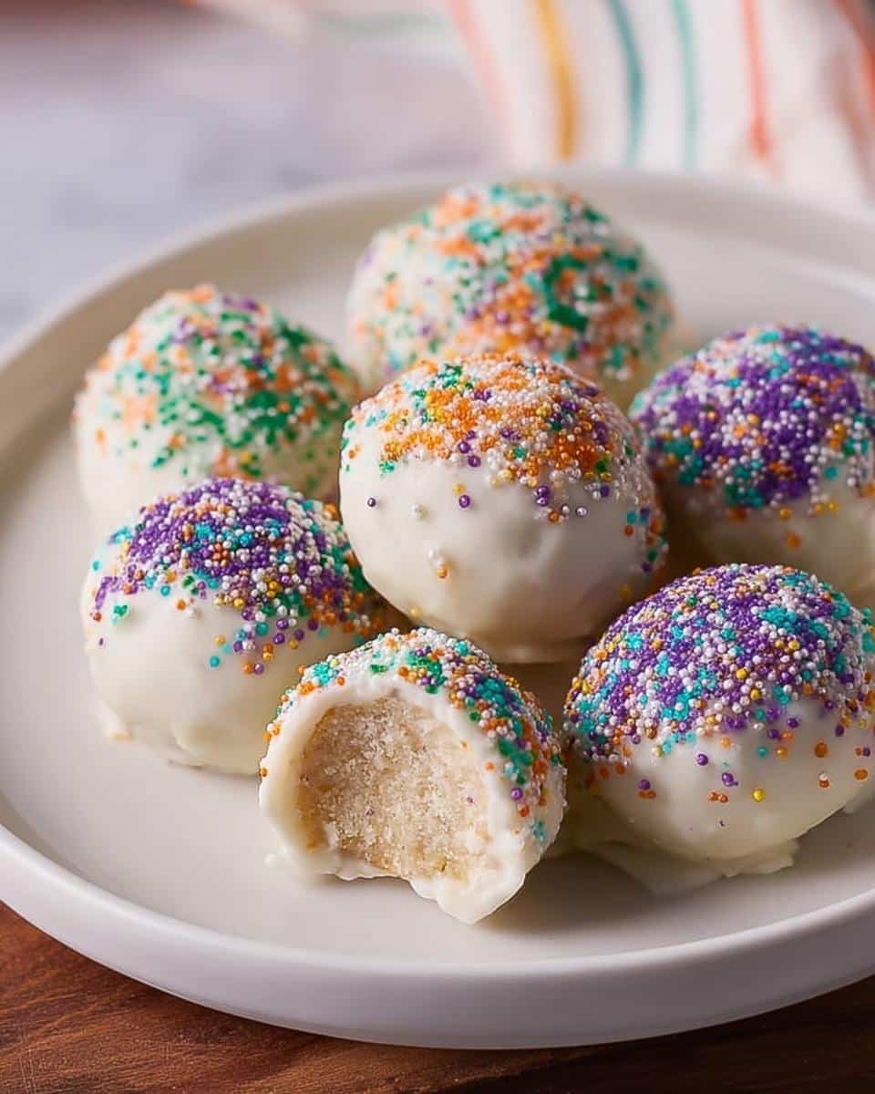 Several white chocolate coated King Cake Truffles topped with colorful Mardi Gras sprinkles, one truffle is bitten into revealing the cake center.