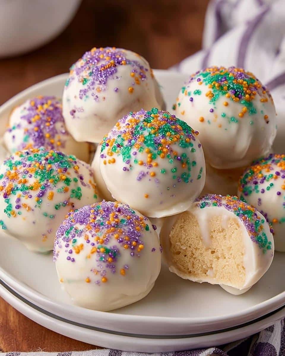 A plate of white chocolate King Cake Truffles decorated with purple, green, and gold sprinkles; one truffle is cut open.