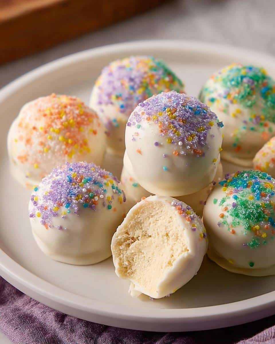 Several white chocolate covered King Cake Truffles topped with colorful sprinkles, one is bitten open showing the creamy filling.