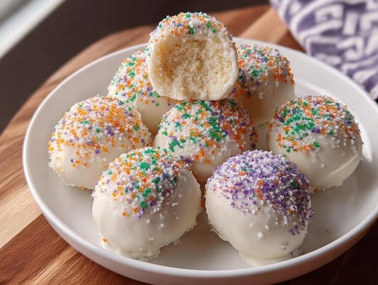 A plate of white chocolate coated King Cake Truffles decorated with purple, green, and orange Mardi Gras sprinkles.