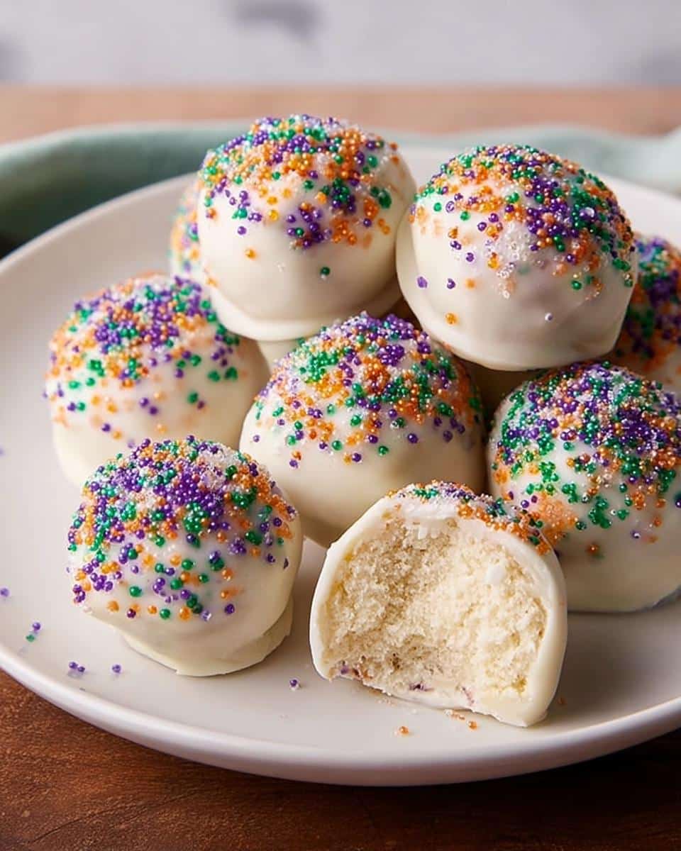 A plate of white chocolate King Cake Truffles topped with purple, green, and gold sprinkles, one is bitten open.
