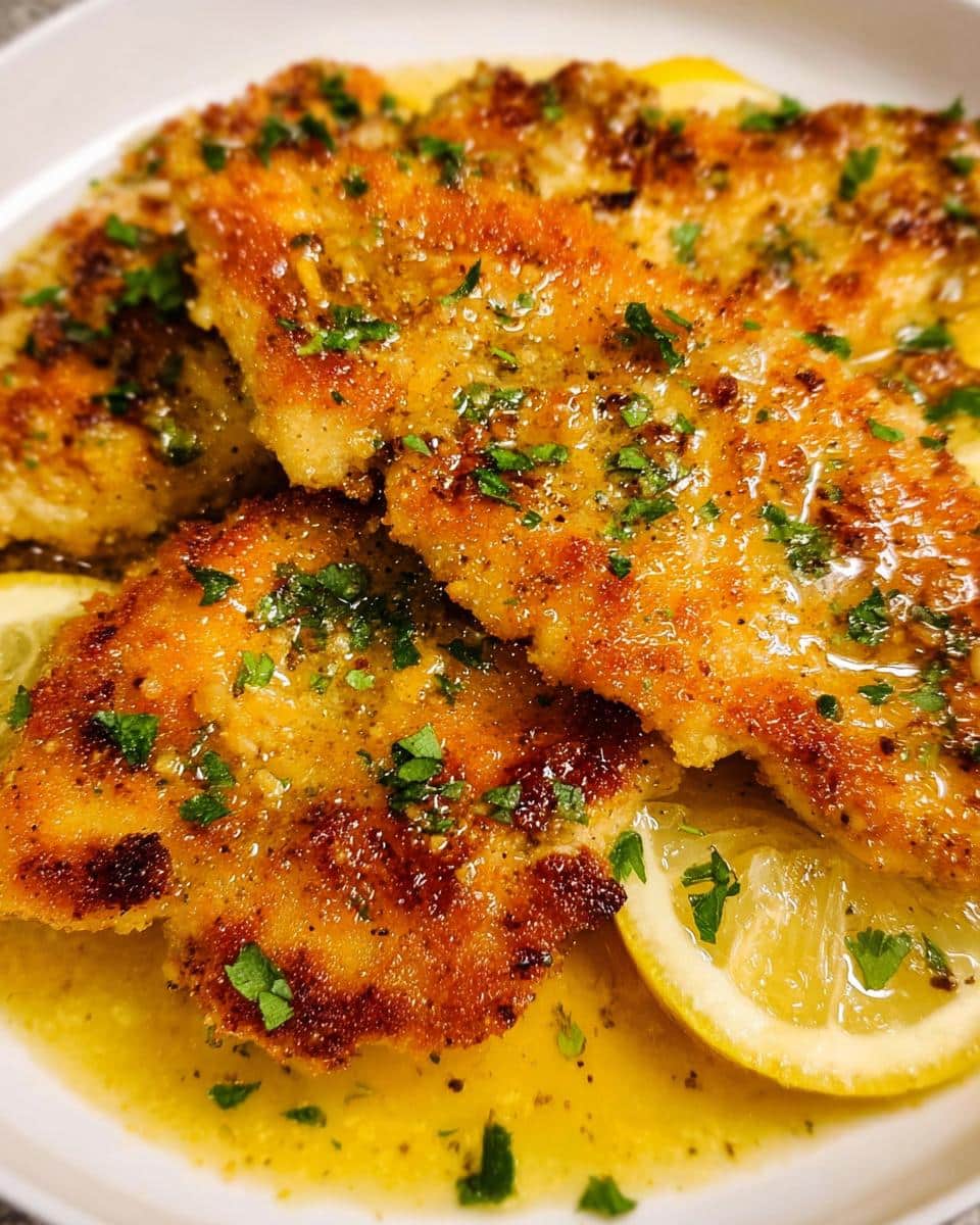 Close-up of pan-seared Lemon Butter Chicken pieces covered in glistening sauce and fresh parsley.