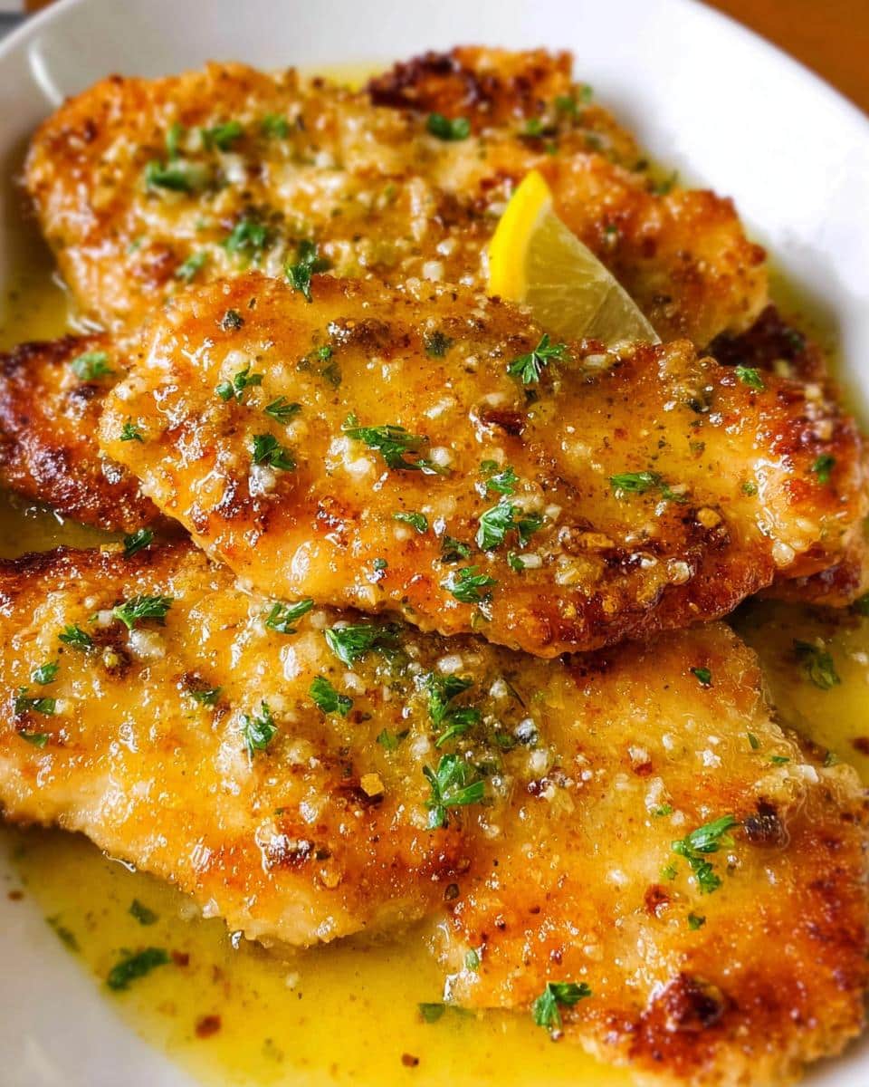 Three golden-brown pieces of Lemon Butter Chicken smothered in a rich, glistening lemon garlic sauce and sprinkled with fresh parsley.