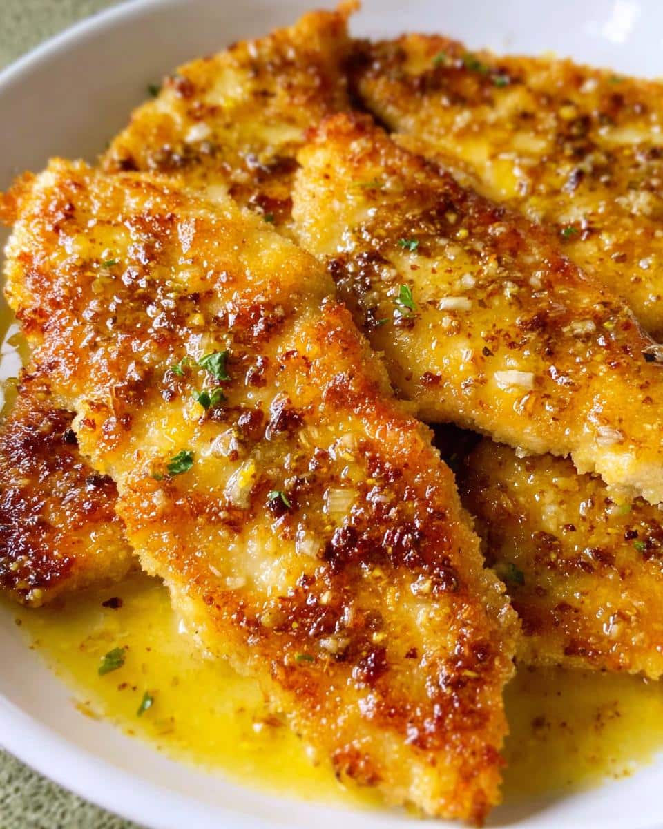 Close-up of golden, pan-fried chicken pieces smothered in a glistening lemon butter sauce with herbs.