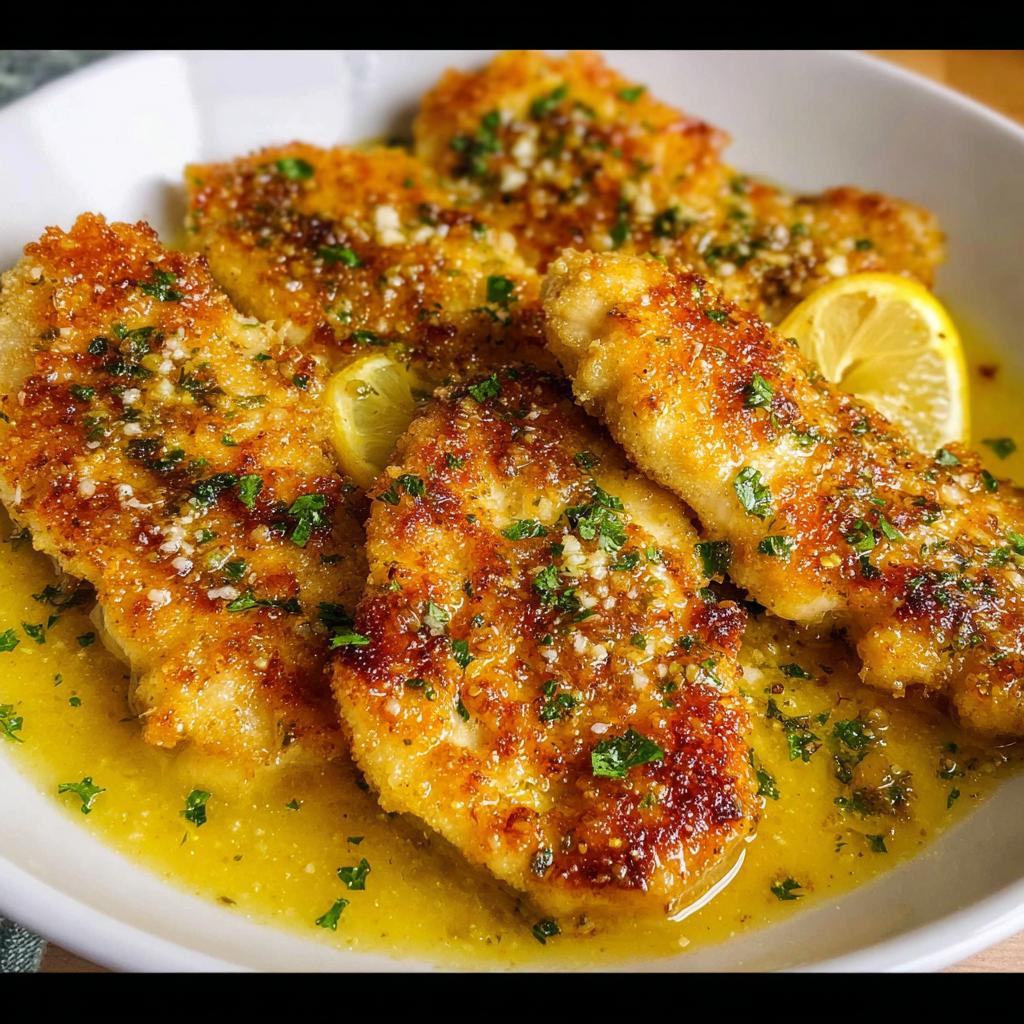 Four golden-brown pieces of Lemon Butter Chicken served in a white bowl with a rich lemon butter sauce and fresh parsley.