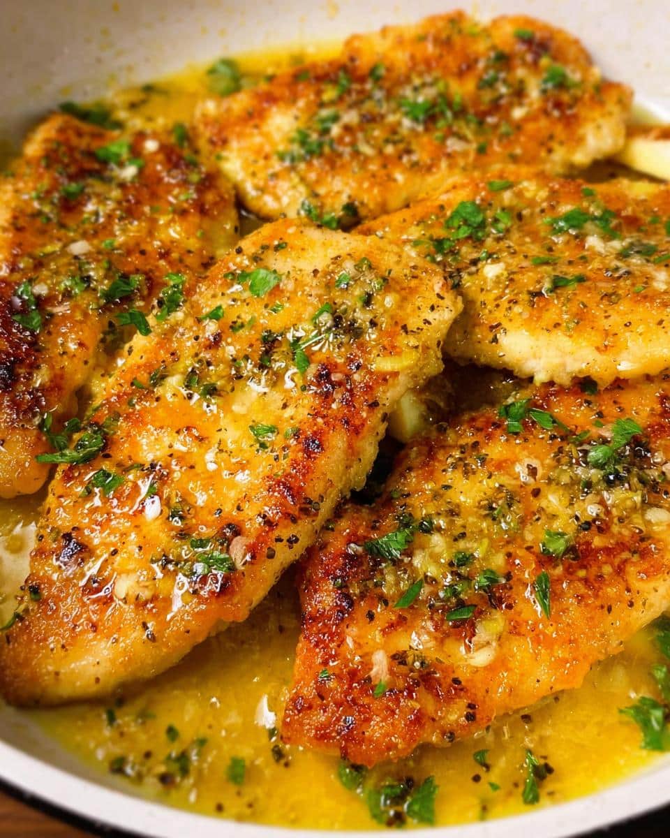 Close-up of pan-seared Lemon Butter Chicken pieces coated in a rich, glossy lemon butter sauce and garnished with parsley.
