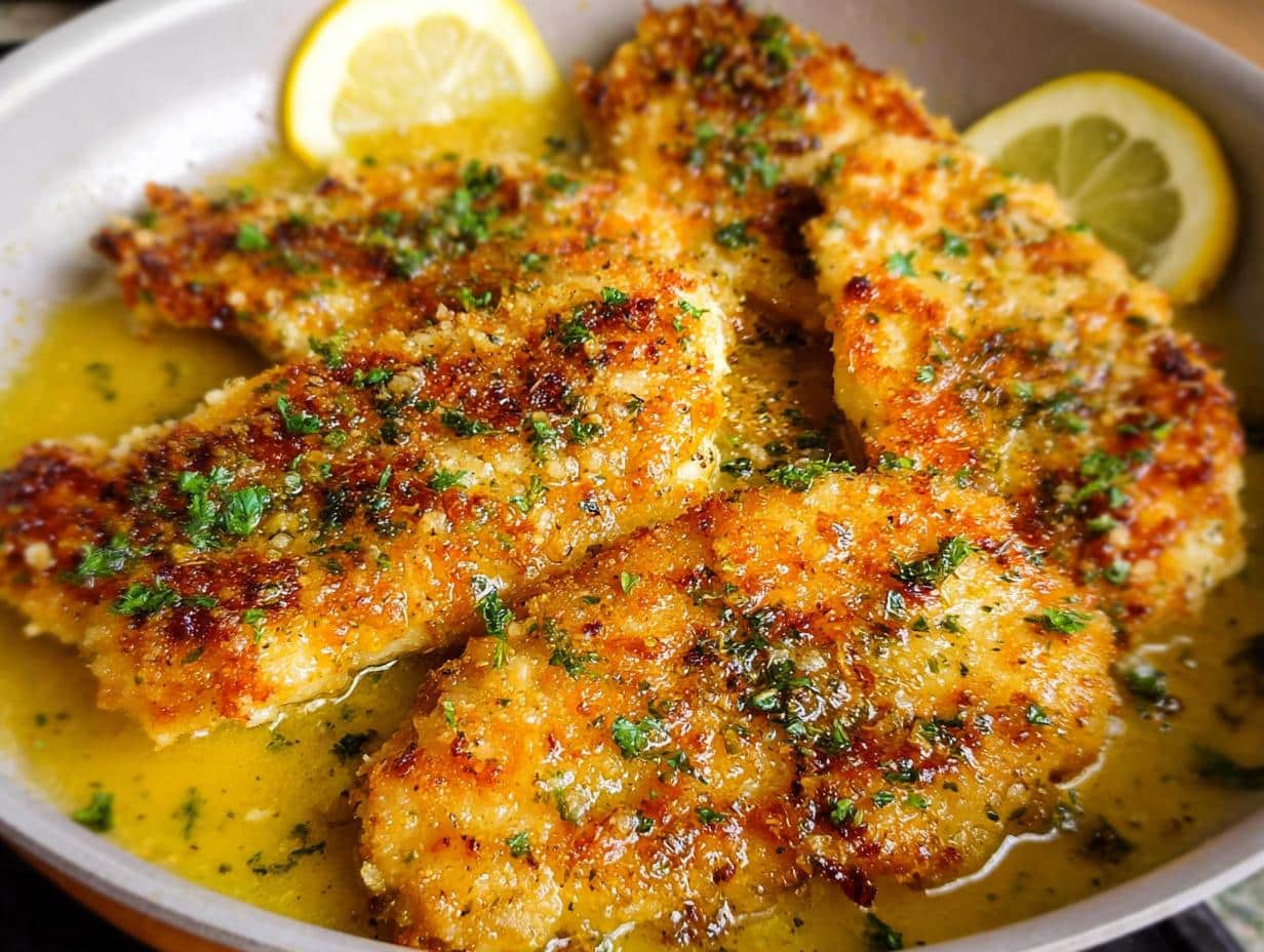 Close-up of golden, breaded Lemon Butter Chicken fillets simmering in a bright lemon butter sauce, garnished with parsley.