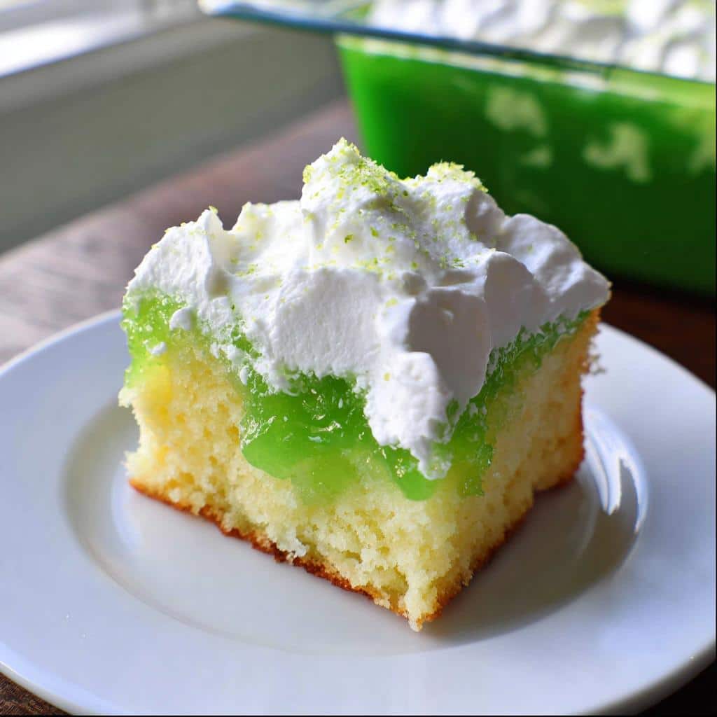 A moist slice of Lime Poke Cake featuring a yellow cake base, bright green lime gelatin layer, and whipped cream topping with zest.