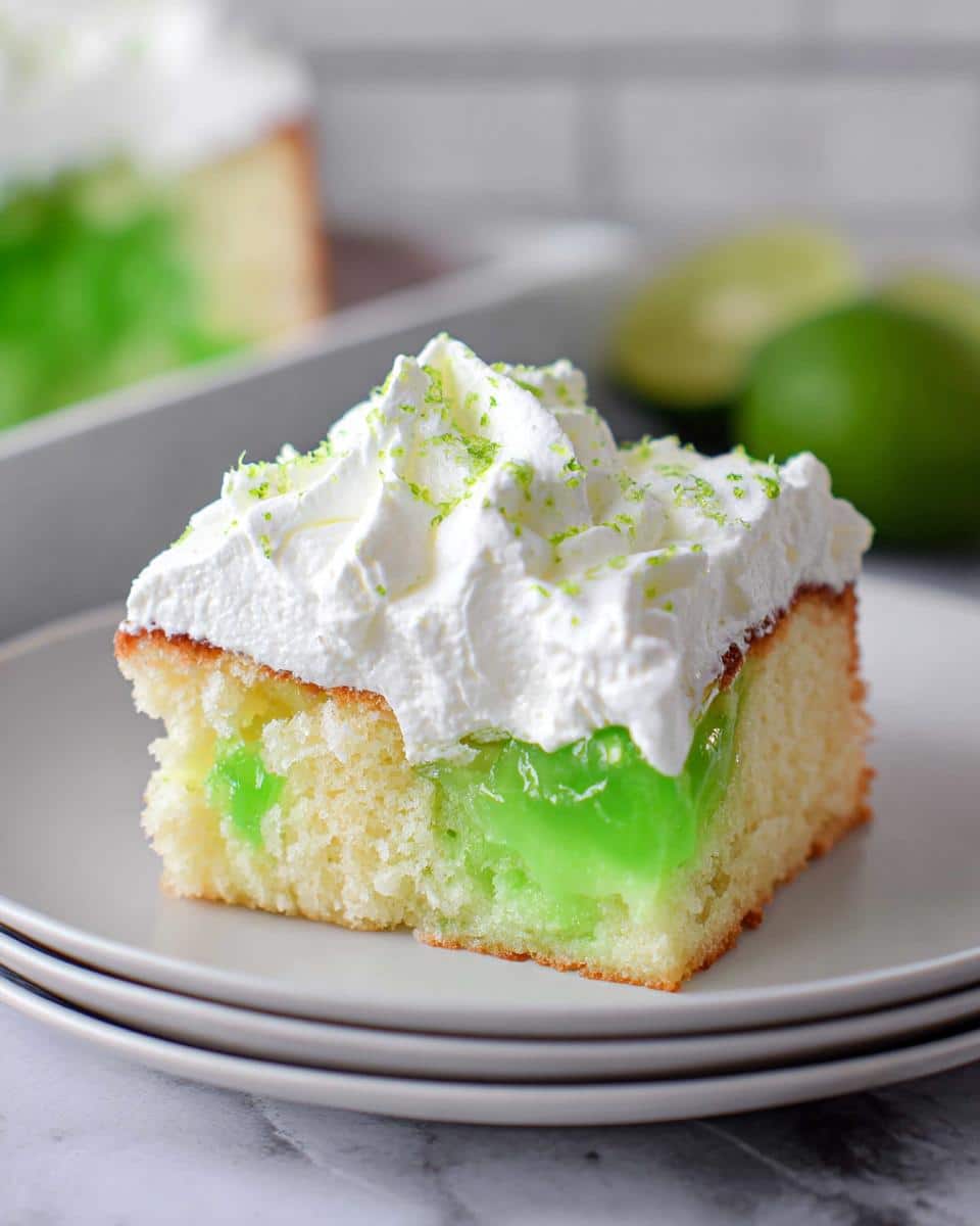 A square slice of Lime Poke Cake showing the bright green filling soaked into the yellow cake, topped with whipped cream and lime zest.