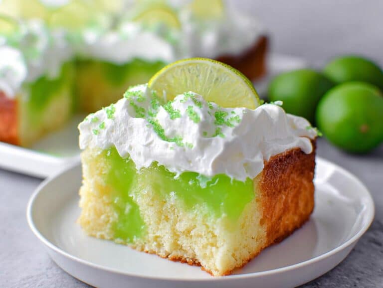 A serving of Lime Poke Cake showing the moist yellow cake base soaked with bright green lime filling, topped with whipped cream and a lime slice.
