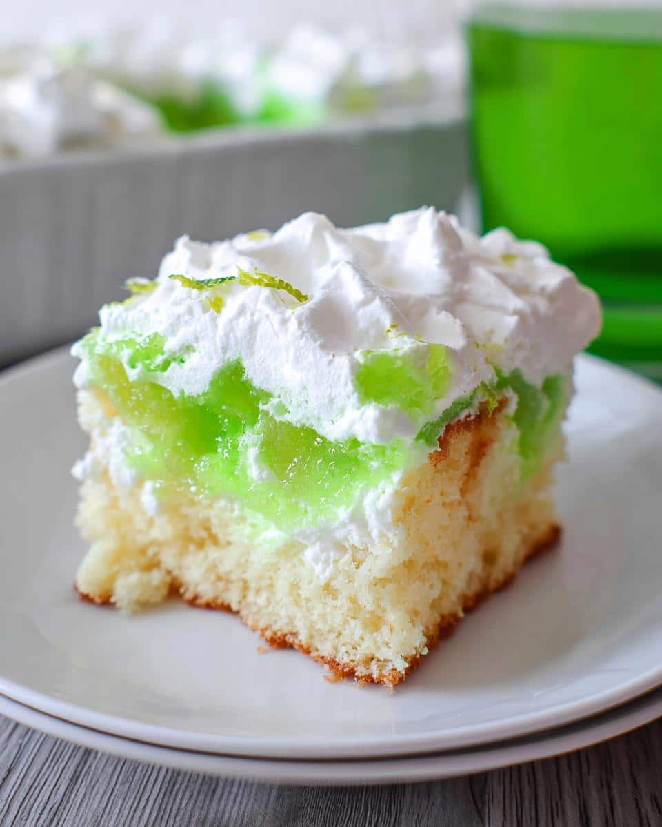 A square slice of Lime Poke Cake featuring a yellow cake base, bright green gelatin filling, and fluffy white whipped cream topping.