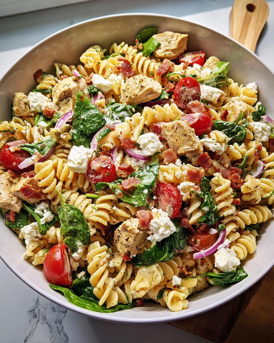 A close-up overhead view of a hearty Chicken Pasta Salad featuring rotini pasta, grilled chicken chunks, cherry tomatoes, spinach, and feta cheese.