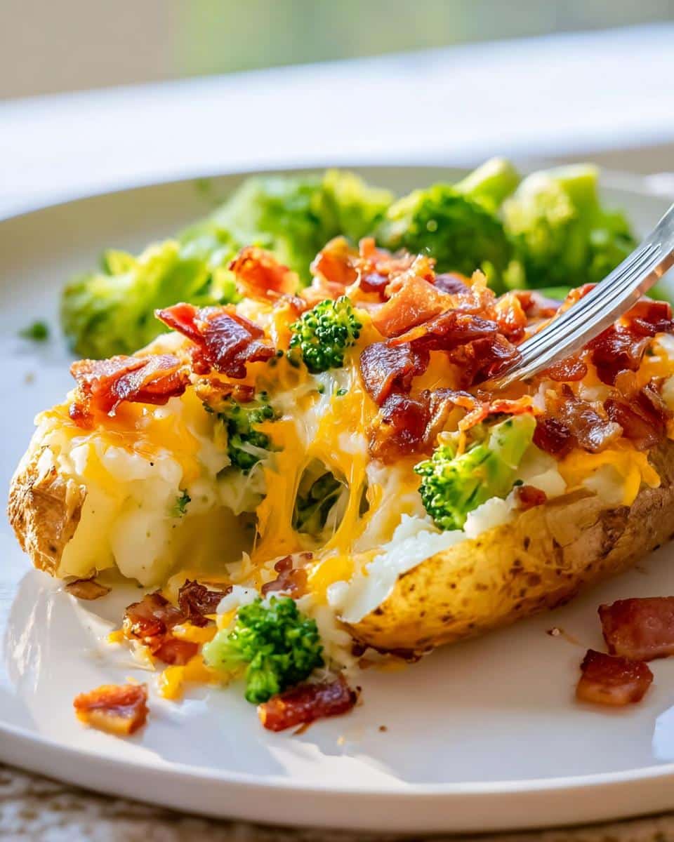A fork pulling apart a Loaded Potato Bake stuffed with melted cheese, bacon bits, and broccoli florets.