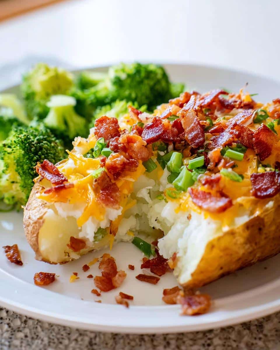A delicious Loaded Potato Bake split open, topped with melted cheddar cheese, crispy bacon bits, and green onions, served with broccoli.