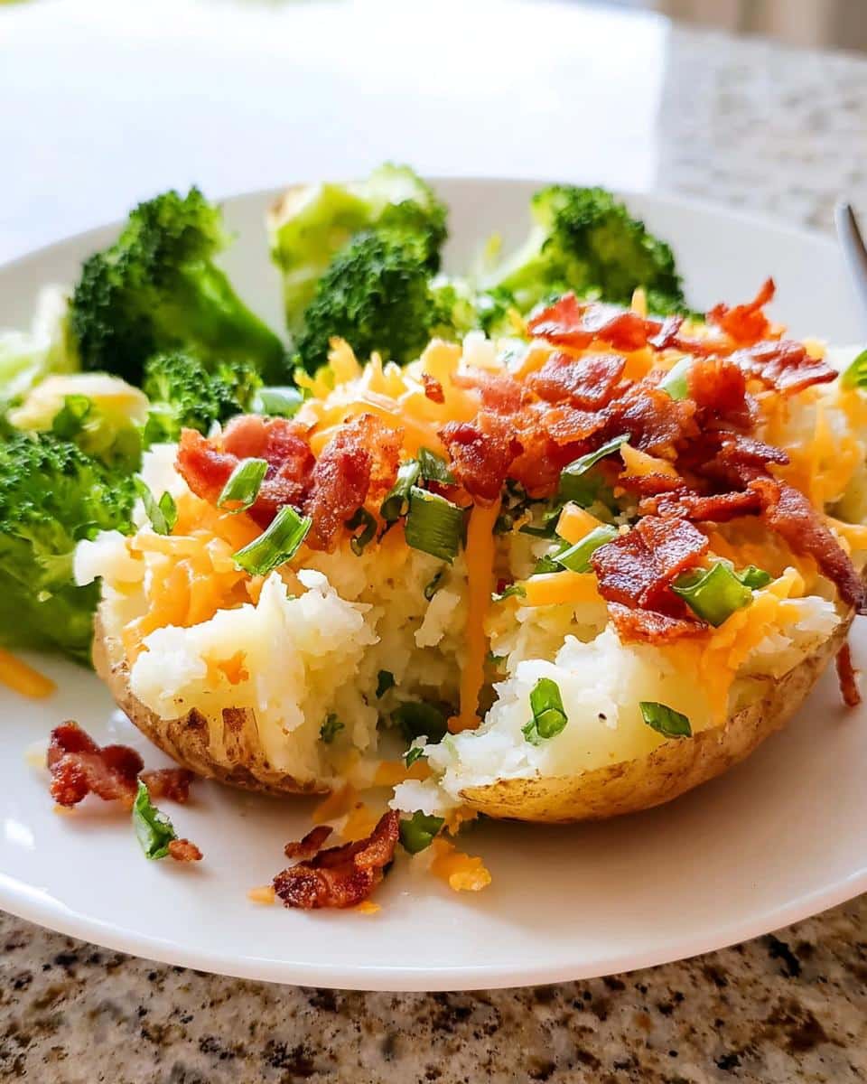 A baked potato split open and topped with shredded cheese, bacon bits, and green onions, served with steamed broccoli.
