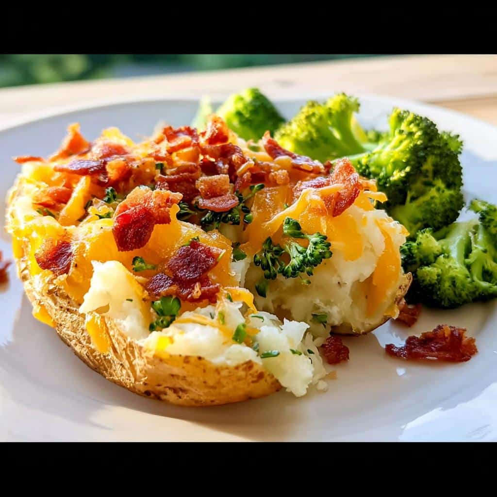 A delicious Loaded Potato Bake split open, topped with melted cheddar cheese, crispy bacon bits, and fresh parsley, served with steamed broccoli.