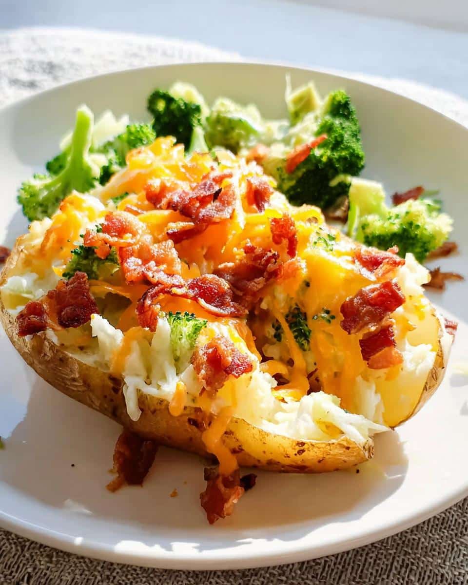 A baked potato split open and filled for a Loaded Potato Bake, topped with melted cheddar cheese, bacon bits, and served with broccoli.