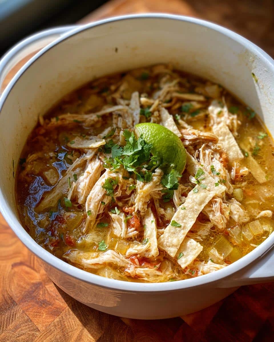Close-up of a bowl of Low Calorie Chicken Soup, topped with shredded chicken, tortilla strips, cilantro, and a lime wedge.