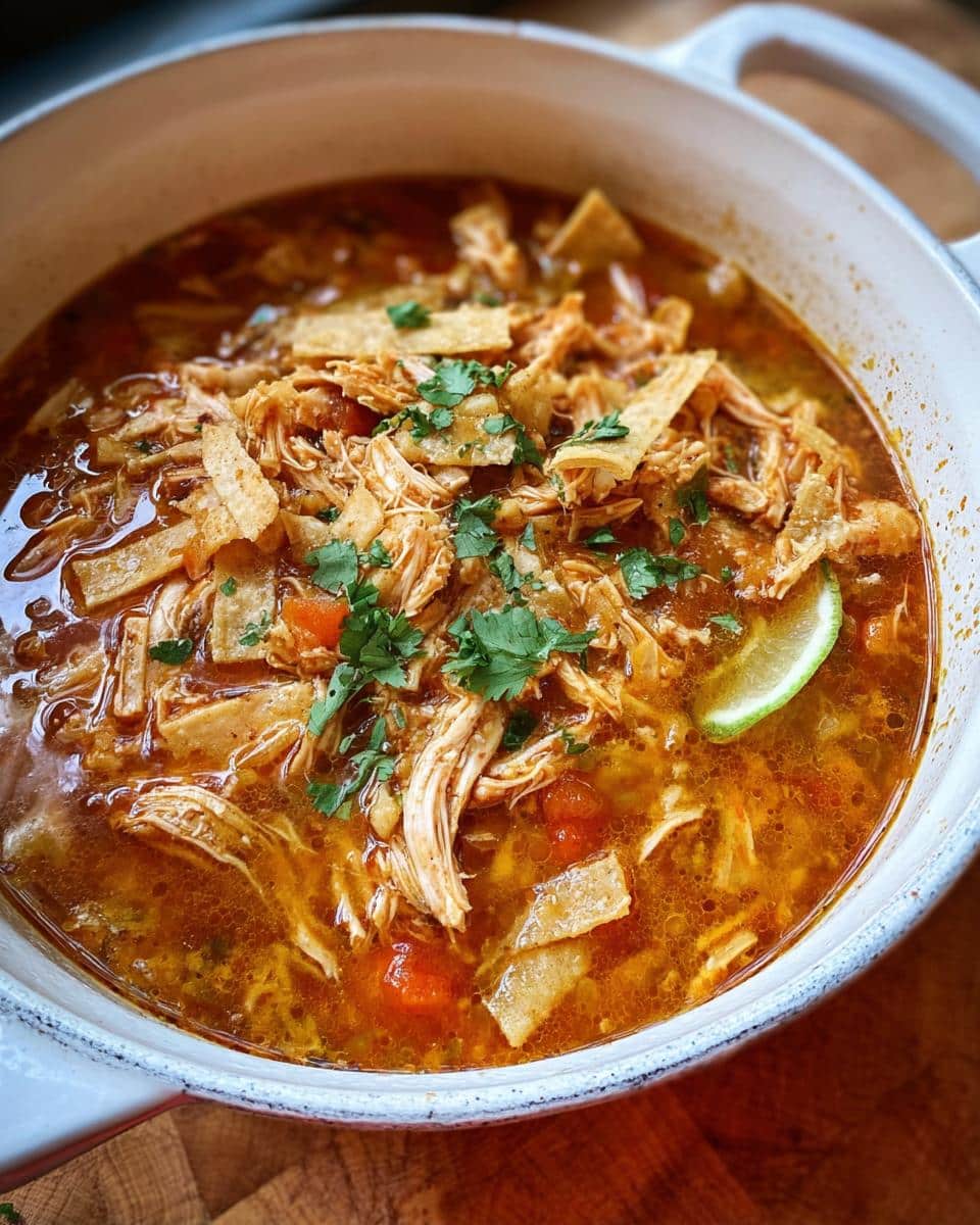 Close-up of a bowl of flavorful Low Calorie Chicken Soup topped with shredded chicken, tortilla strips, cilantro, and a lime wedge.