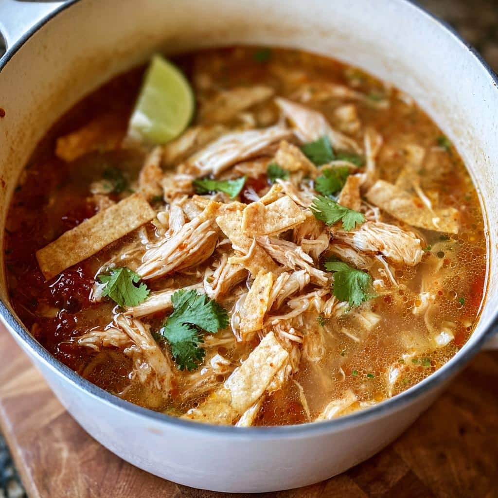 Close-up of rich, flavorful Low Calorie Chicken Soup topped with shredded chicken, tortilla strips, and cilantro.