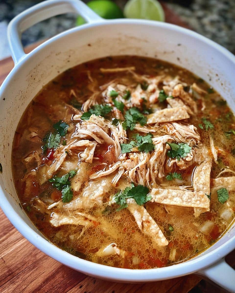 Close-up of a white pot filled with flavorful Low Calorie Chicken Soup, topped with shredded chicken, tortilla strips, and cilantro.