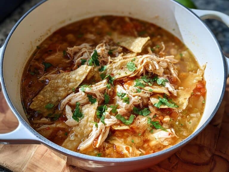 Close-up of hearty Low Calorie Chicken Soup in a white pot, topped with shredded chicken, tortilla strips, and cilantro.