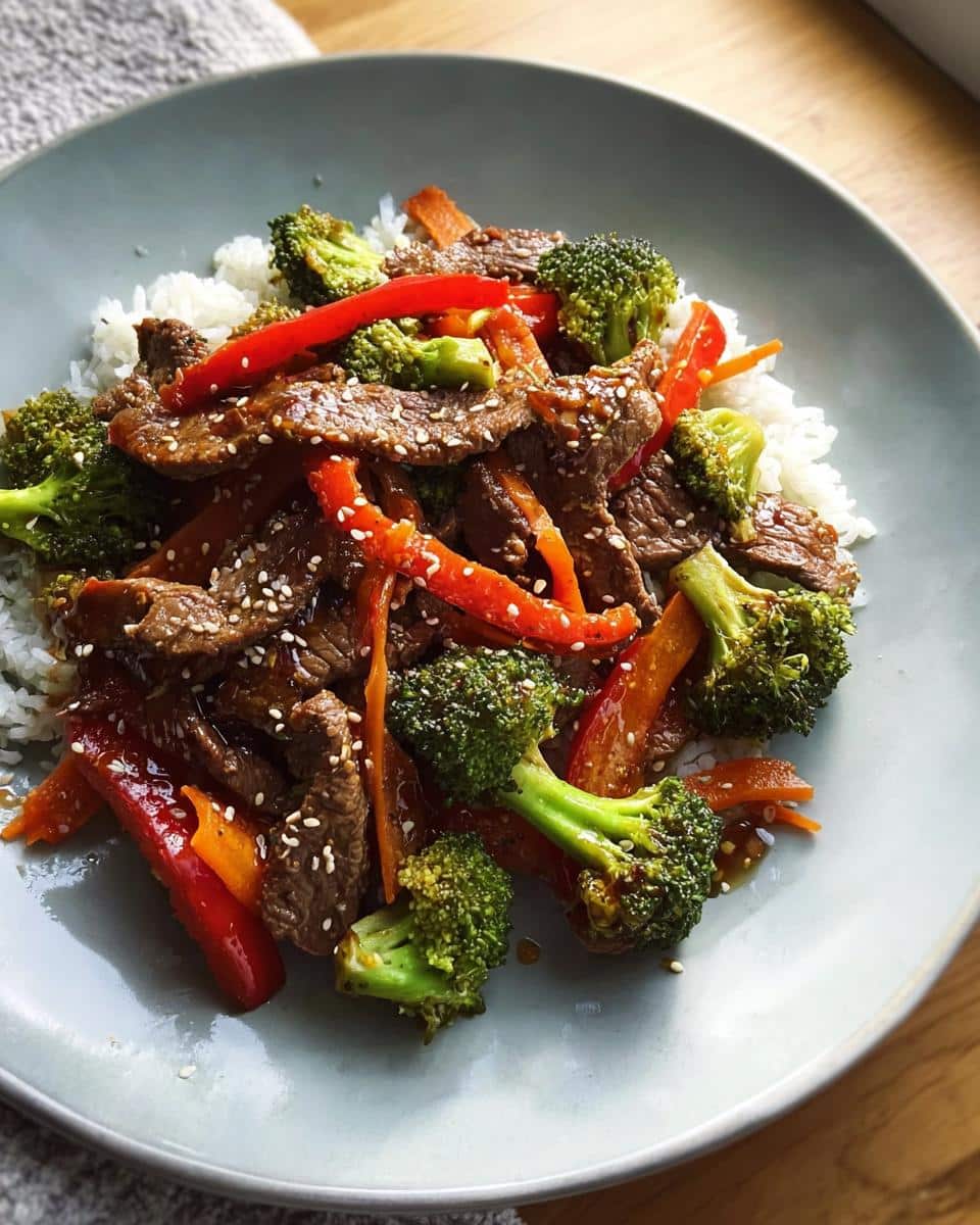 A plate featuring Low Carb Beef Stir Fry with beef strips, broccoli, and red peppers served over white rice, sprinkled with sesame seeds.