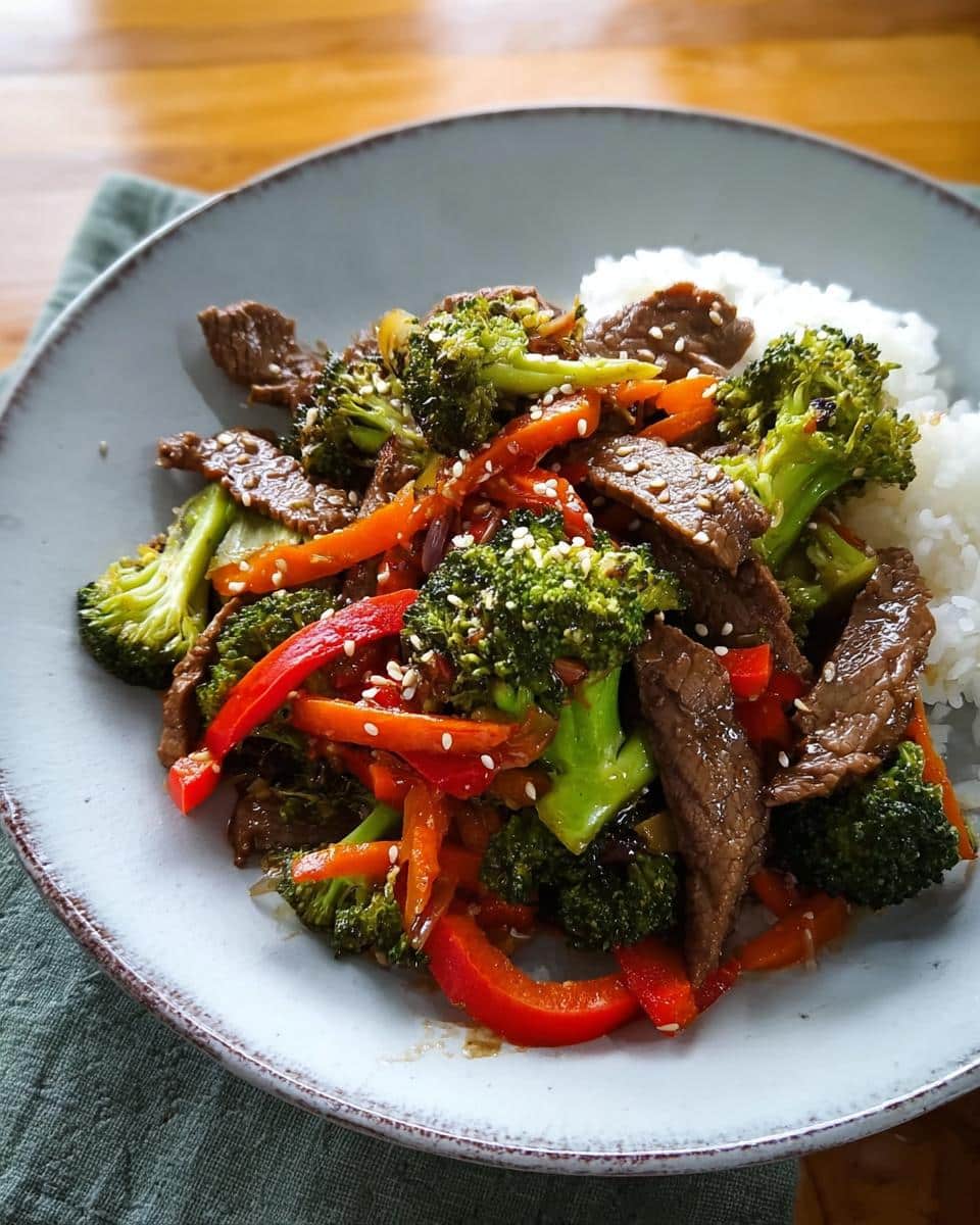 A close-up of a serving of Low Carb Beef Stir Fry with bright green broccoli, red peppers, and white rice, sprinkled with sesame seeds.