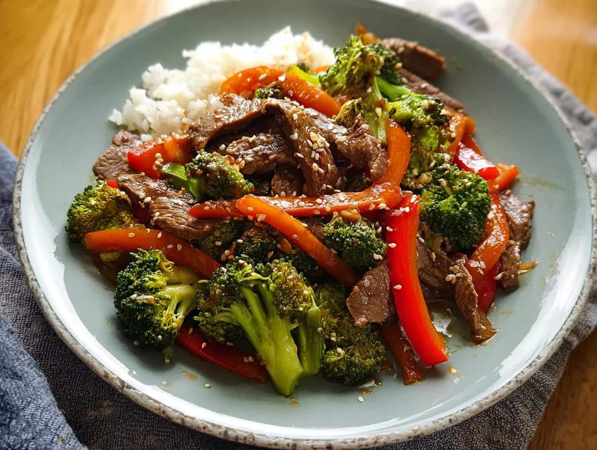 A plate featuring Low Carb Beef Stir Fry with broccoli, red peppers, and a side of white rice, garnished with sesame seeds.