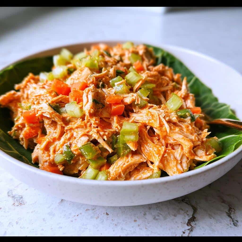 Close-up of shredded chicken coated in orange buffalo sauce, mixed with diced celery and carrots, served in a bowl over a large green leaf.