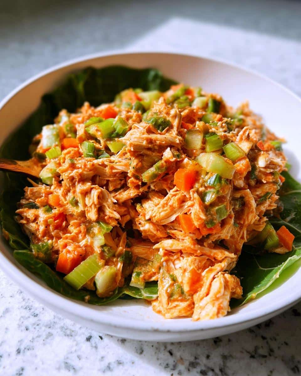 Close-up of a bowl filled with Low Carb Buffalo Chicken Salad, served on large lettuce leaves.