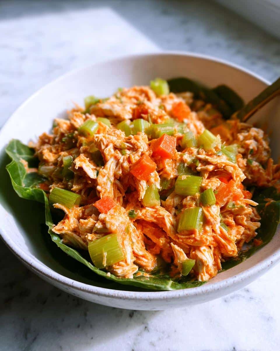 Close-up of a bowl filled with Low Carb Buffalo Chicken Salad, featuring shredded chicken mixed with celery and carrots, served on a large lettuce leaf.