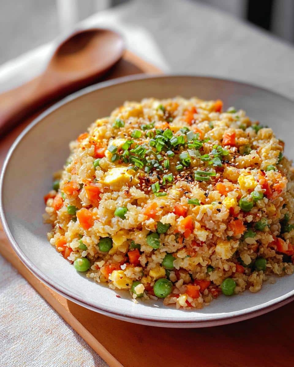 A close-up of a bowl filled with Low Carb Cauliflower Fried Rice, mixed with peas, carrots, and topped with chives and sesame seeds.