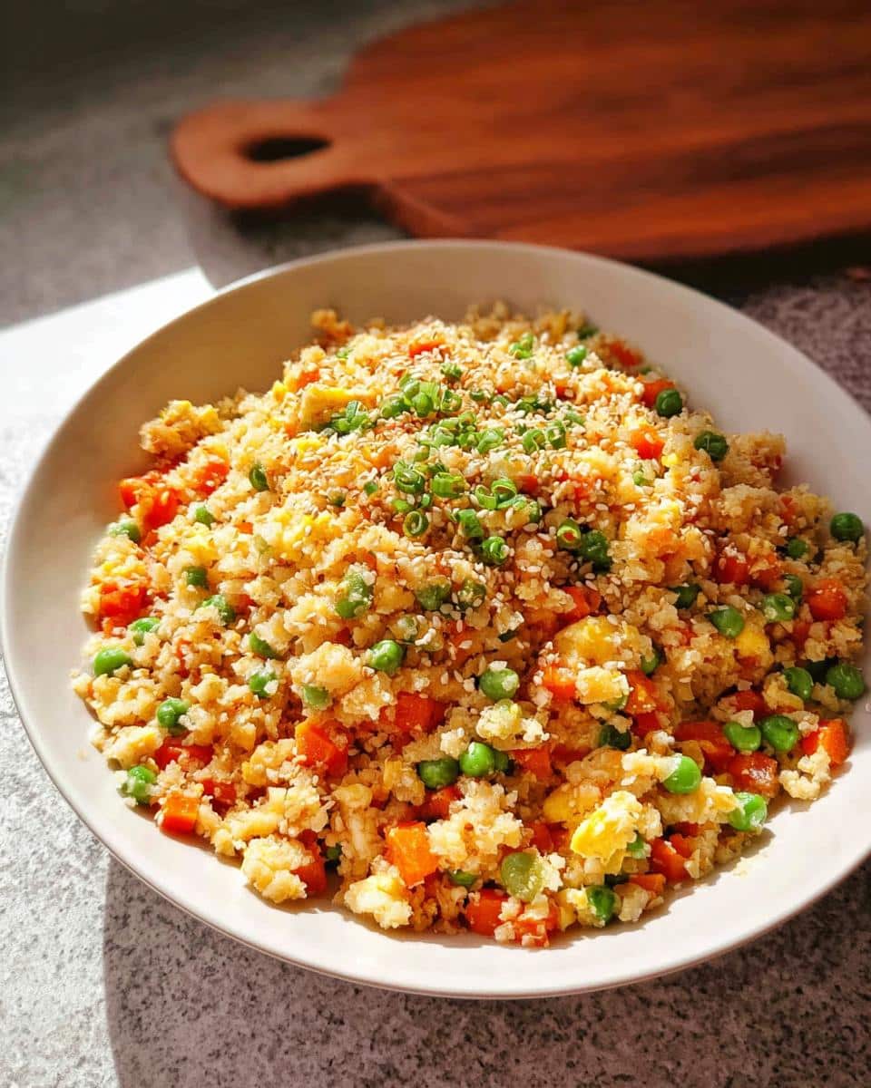 A close-up of a bowl filled with colorful Low Carb Cauliflower Fried Rice, topped with sesame seeds and green onions.