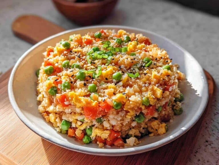 A close-up of a bowl filled with Low Carb Cauliflower Fried Rice, mixed with scrambled egg, peas, and carrots.