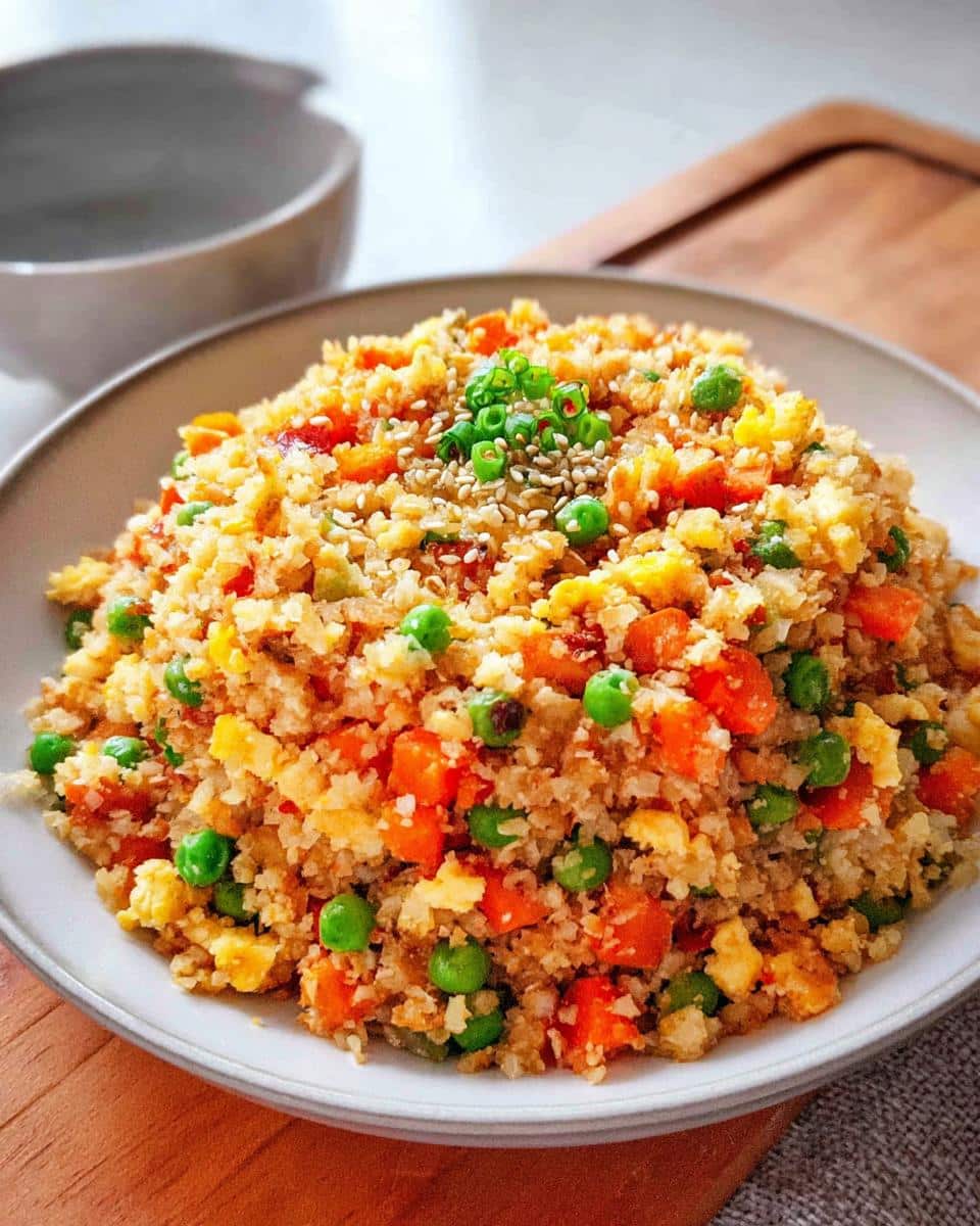 A mound of vibrant Low Carb Cauliflower Fried Rice mixed with bright green peas and diced carrots, topped with sesame seeds and green onions.