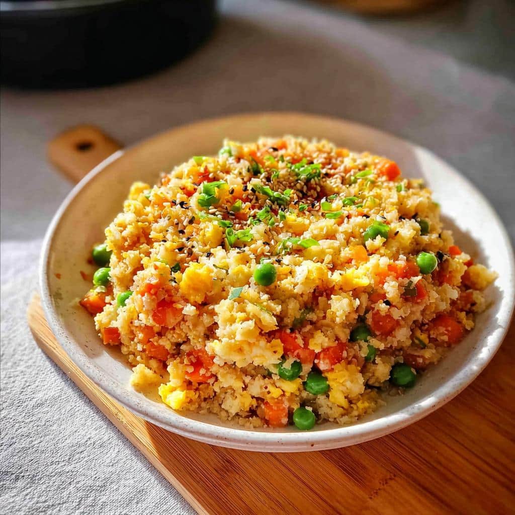 A close-up of a serving of Low Carb Cauliflower Fried Rice mixed with scrambled egg, bright green peas, and diced carrots, topped with sesame seeds.