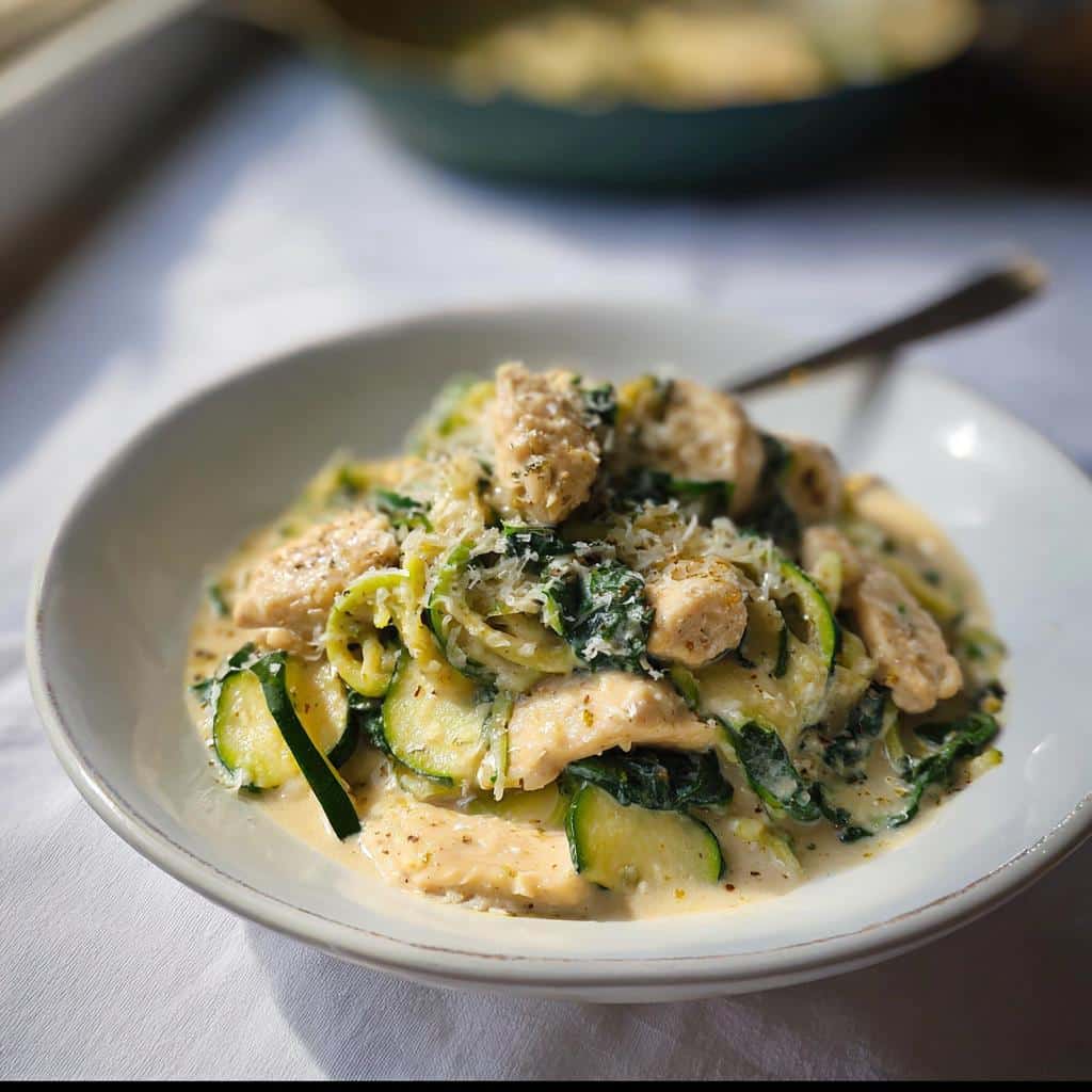 A close-up of a bowl of Low Carb Chicken Alfredo Zoodles tossed in creamy sauce, topped with Parmesan cheese.
