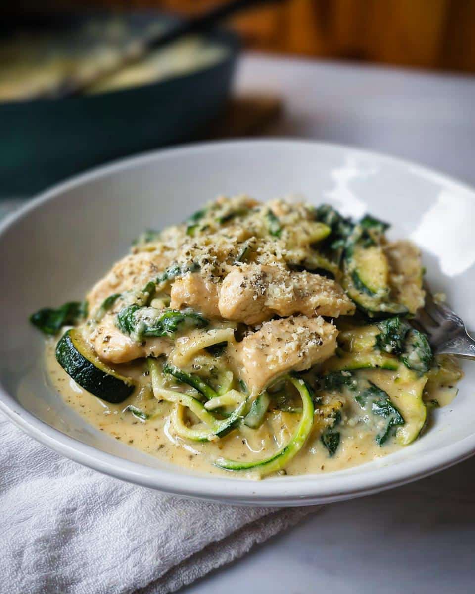 A bowl of Low Carb Chicken Alfredo Zoodles featuring zucchini noodles, chicken pieces, spinach, and creamy sauce, topped with Parmesan.