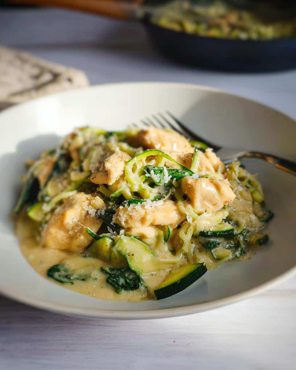 A close-up of a bowl filled with Low Carb Chicken Alfredo Zoodles, featuring chicken chunks and zucchini noodles in a creamy sauce.