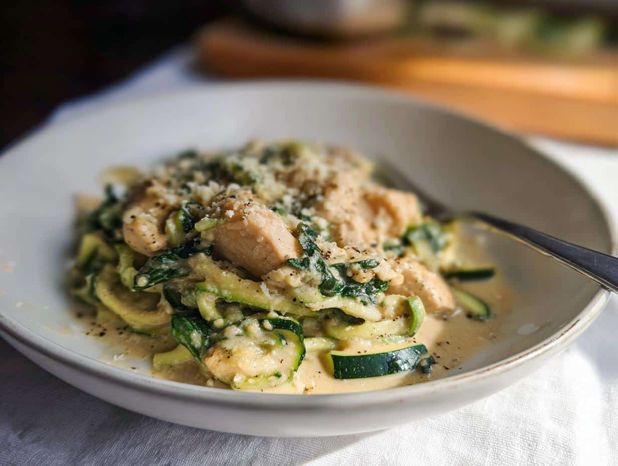 A creamy serving of Low Carb Chicken Alfredo Zoodles topped with grated Parmesan cheese and black pepper in a light bowl.