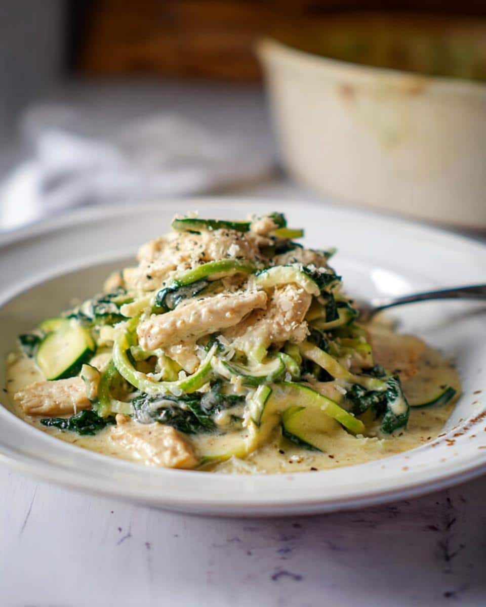 A close-up of a bowl filled with Low Carb Chicken Alfredo Zoodles, featuring zucchini noodles, chicken strips, and creamy Alfredo sauce.