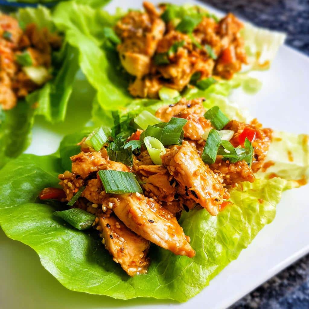 Close-up of savory filling for Low Carb Chicken Lettuce Wraps served in crisp lettuce cups and topped with green onions.